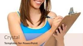  Presentation with survey - Cool new slide deck with attractive young woman writes with a clipboard researcher survey or student taking notes backdrop and a coral colored foreground