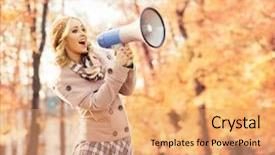  Presentation with yelling - Beautiful presentation theme featuring attractive young woman yelling with loudspeaker in the autumn park backdrop and a coral colored foreground