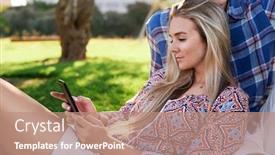  Presentation with picnic - Theme featuring attractive young woman on her mobile smartphone while on picnic with boyfriend sunny summer day background and a coral colored foreground