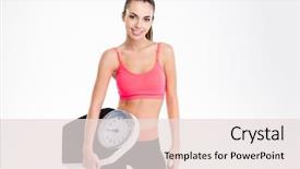  Presentation with weighing scale - Cool new presentation design with attrative happy sportswoman in pink top and black leggings posing with weighing scale over white background backdrop and a lemonade colored foreground