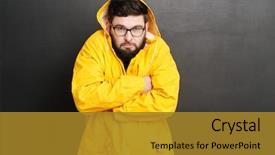  Presentation with eye glasses looking at world - PPT theme having attrition - portrait of bearded man dressed background and a gold colored foreground