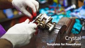  Presentation with atv - Presentation design featuring hydraulics - atv hydraulic disc brake caliper background and a tawny brown colored foreground