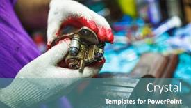  Presentation with atv - Beautiful presentation design featuring atv hydraulic disc brake caliper system repair by hands in old garage backdrop and a teal colored foreground