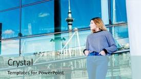  Presentation with college education happy smiling - Slide deck having auckland on city scape reflection background and a light blue colored foreground