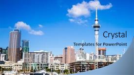  Presentation with cbd - Audience pleasing PPT theme consisting of auckland skyline in cbd central backdrop and a light blue colored foreground