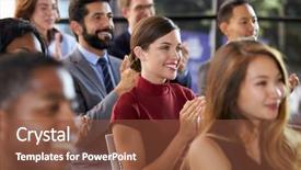  Presentation with audience - Colorful slide deck enhanced with audience applauding at a business backdrop and a tawny brown colored foreground