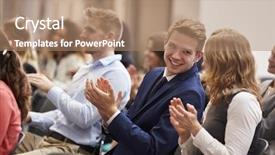  Presentation with audience - Amazing PPT theme having audience applauding speaker after conference backdrop and a coral colored foreground