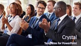  Presentation with audience - PPT theme featuring audience clapping at business seminar background and a wine colored foreground