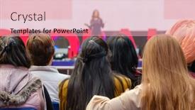  Presentation with audience - Beautiful presentation featuring audience listens lecturer at workshop conference hall backdrop and a lemonade colored foreground