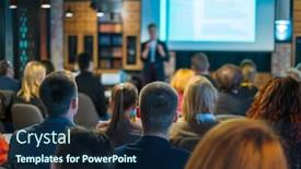  Presentation with audience - Amazing PPT theme having audience listens lecturer at workshop in conference hall rear view backdrop and a navy blue colored foreground