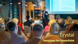  Presentation with audience - PPT layouts enhanced with lectures - audience listens lecturer at workshop background and a tawny brown colored foreground