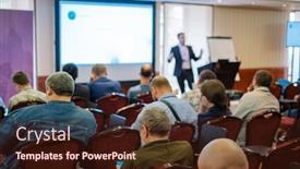  Presentation with audience - PPT theme with audience-listens-lecturer-at-workshop background and a wine colored foreground