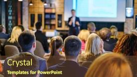  Presentation with audience - Slide deck featuring audience-listens-lecturer-at-workshop background and a tawny brown colored foreground