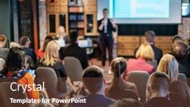  Presentation with audience - Cool new PPT theme with audience-listens-lecturer-at-workshop backdrop and a tawny brown colored foreground