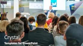  Presentation with audience - PPT theme enhanced with audience-listens-lecturer-at-workshop background and a tawny brown colored foreground