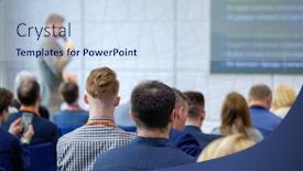  Presentation with audience - Amazing PPT theme having audience-listens-lecturer-at-workshop backdrop and a sky blue colored foreground