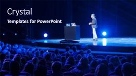  Presentation with audience - Slide deck consisting of audience-listens-male-speaker background and a navy blue colored foreground