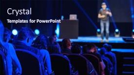  Presentation with audience - Theme consisting of audience-listens-male-speaker background and a navy blue colored foreground