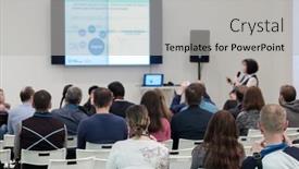  Presentation with audience - Cool new presentation theme with audience-listens-to-the-speech backdrop and a light gray colored foreground