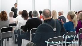  Presentation with audience - Slide set enhanced with audience-of-adult-people-listen background and a tawny brown colored foreground