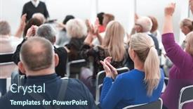  Presentation with audience - Amazing presentation design having audience-of-adult-people-listen backdrop and a ocean colored foreground