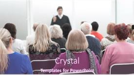  Presentation with higher education speech language - Presentation theme consisting of audience-of-adult-people-listen background and a violet colored foreground