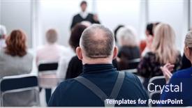  Presentation with ordinary people in england - Colorful presentation theme enhanced with audience-of-adult-people-listen backdrop and a navy blue colored foreground