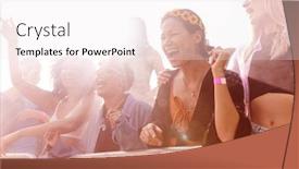  Presentation with outdoor festival - Presentation design consisting of audience with colored smoke behind barrier dancing and singing at outdoor festival enjoying music background and a sky blue colored foreground