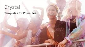  Presentation with outdoor festival - Colorful presentation design enhanced with audience with colored smoke behind barrier dancing and singing at outdoor festival enjoying music backdrop and a cream colored foreground