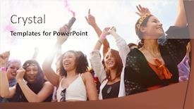  Presentation with outdoor festival - Beautiful presentation design featuring audience with smoke flare behind barrier dancing and singing at outdoor festival enjoying music backdrop and a white colored foreground