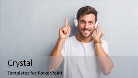  Presentation with music headphones - Theme consisting of audio - handsome young man over grey background and a light gray colored foreground