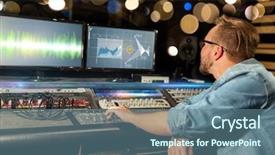  Presentation with recording studio mixing console - Presentation enhanced with audio - music technology people and equipment background and a ocean colored foreground