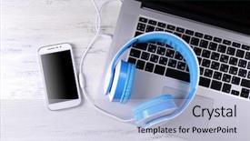  Presentation with headphones - Presentation design consisting of audio recording - headphones with laptop on table background and a light blue colored foreground