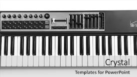  Presentation with microphone and synthesizer on concert - PPT layouts featuring keyboard of synthesizer closeup background and a light gray colored foreground