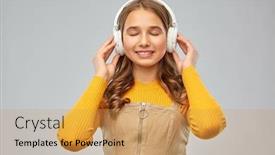  Presentation with music headphones - Cool new PPT layouts with audio-equipment-and-technology-people backdrop and a yellow colored foreground