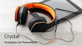  Presentation with headphones - Beautiful PPT theme featuring audio recording - headphones with tablet on wooden backdrop and a light gray colored foreground