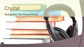  Presentation with tan book stack stacks of books - Slide deck having audio science - headphones on books isolated background and a  colored foreground