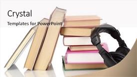  Presentation with headphones - Colorful PPT layouts enhanced with audio science - headphones on books isolated backdrop and a  colored foreground