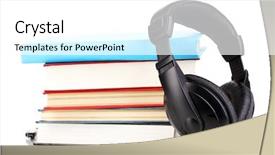  Presentation with books gavels - Slide deck having audio science - headphones on books isolated background and a  colored foreground