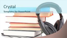  Presentation with tan book stack stacks of books - Slide deck with audio science - headphones on books isolated background and a  colored foreground