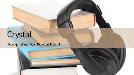  Presentation with tan book stack stacks of books - Presentation theme consisting of audio science - headphones on books isolated background and a  colored foreground