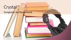  Presentation with tan book stack stacks of books - PPT theme featuring audio science - headphones on books isolated background and a  colored foreground