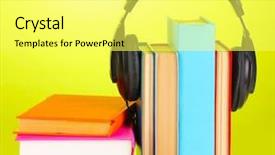  Presentation with books gavels - Audience pleasing PPT theme consisting of audio science - headphones on books on green backdrop and a  colored foreground