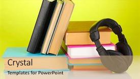  Presentation with books gavels - Amazing theme having audio science - headphones on books on green backdrop and a  colored foreground