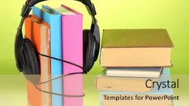  Presentation with books gratis - Beautiful PPT theme featuring audio science - headphones on books on green backdrop and a  colored foreground