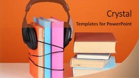  Presentation with tan book stack stacks of books - Cool new presentation theme with audio science - headphones on books on orange backdrop and a  colored foreground