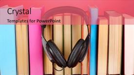  Presentation with headphones - PPT theme featuring audio science - headphones on books on wooden background and a  colored foreground