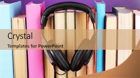  Presentation with audio - PPT layouts having audio science - headphones on books on wooden background and a  colored foreground