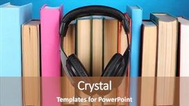  Presentation with headphones - PPT layouts consisting of audio science - headphones on books on wooden background and a red colored foreground