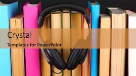  Presentation with headphones - Beautiful presentation design featuring audio science - headphones on books on wooden backdrop and a  colored foreground